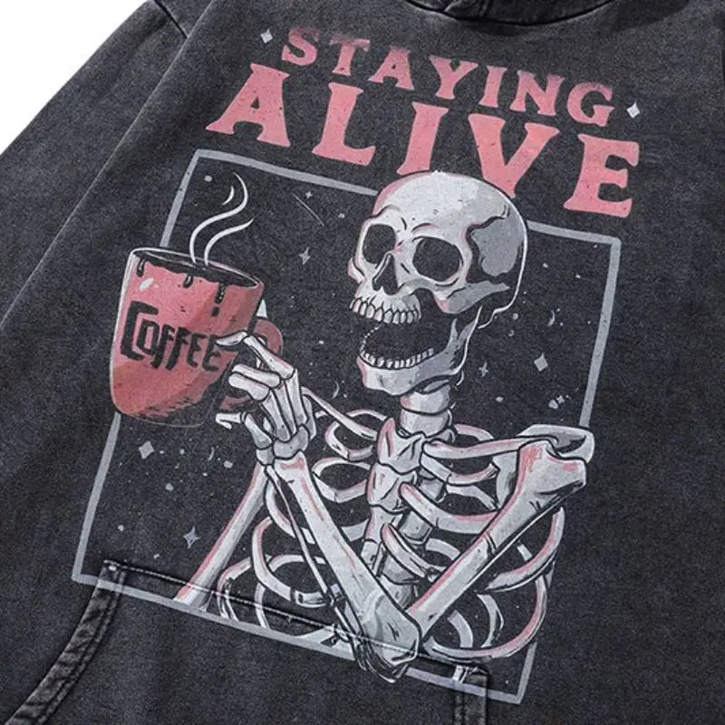 Punk Skull Print Heavy Dusted Hooded-2
