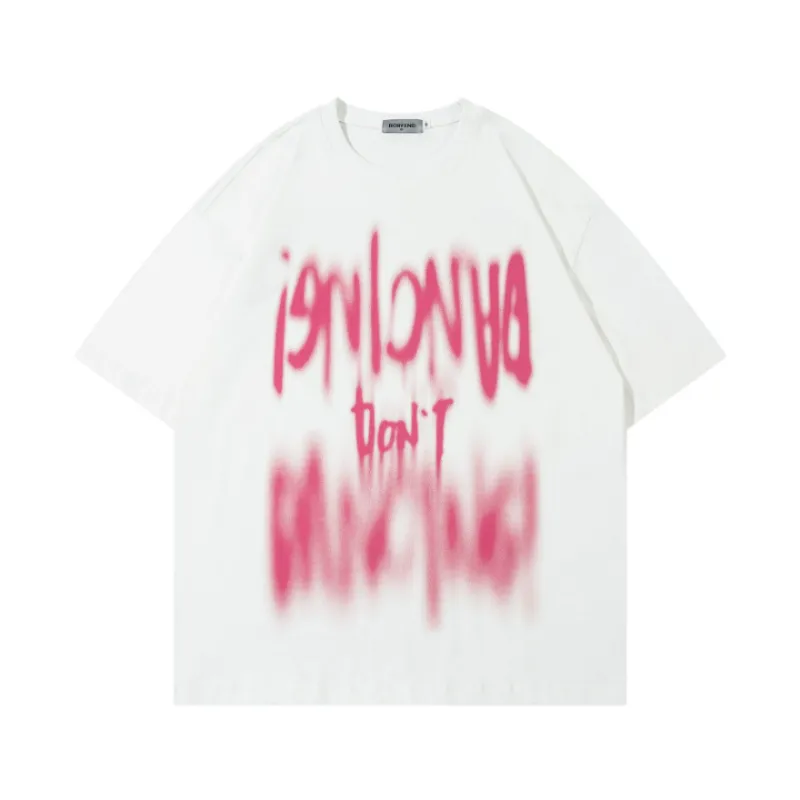 Retro Font Fuzzy Printing Craft Round Neck T-shirt - POIZON