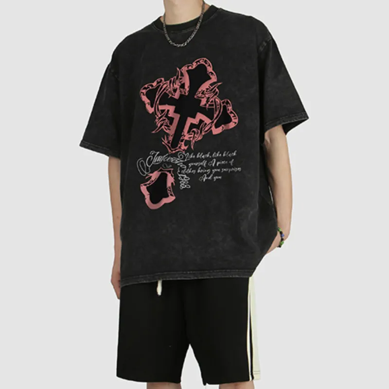 Retro Dark Cross Printed Washed Short sleeved T shirt-11