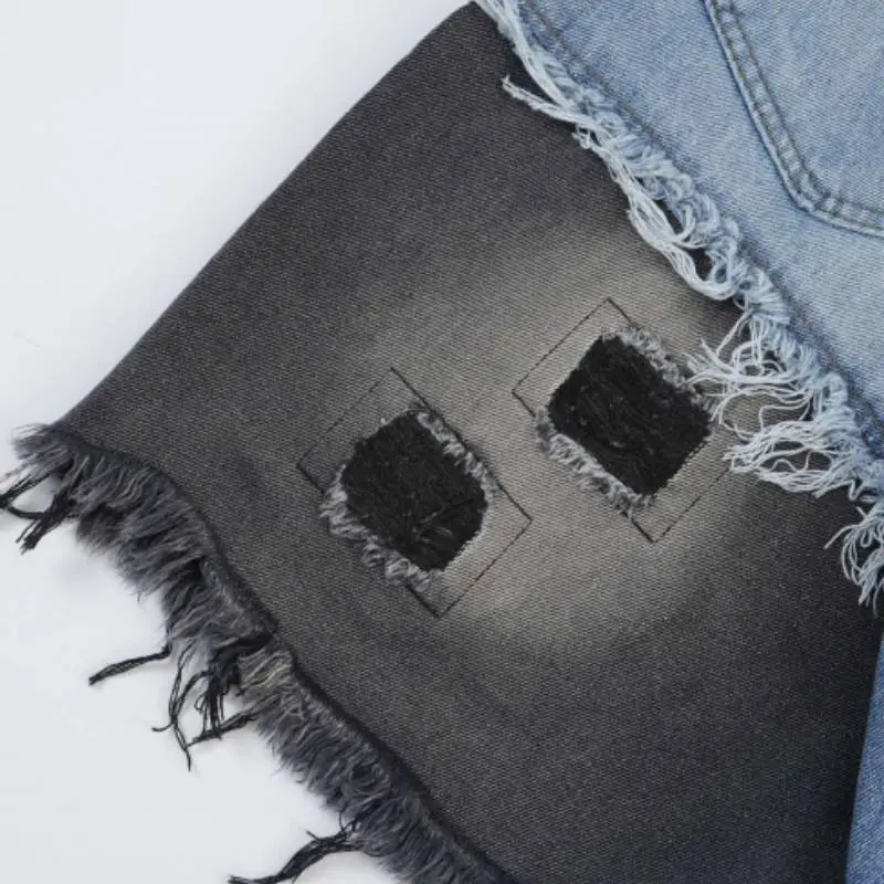 Stitching Color matching Ragged Cat beard Denim Shorts-3
