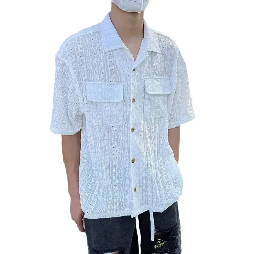 Simple Hollow Loose Cuban Collar Short-Sleeved Shirt