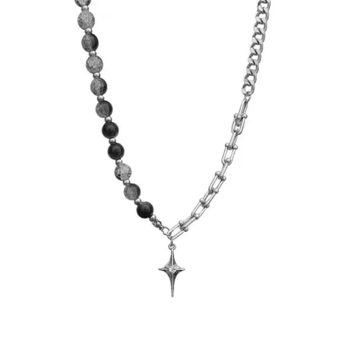 Star Cross Ice Crack Bead Stitching Titanium Steel Necklace