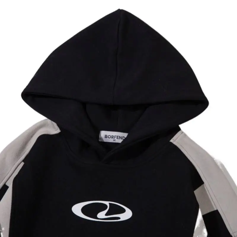 High Street College Style Stitching Contrast Color Hooded Sweater-3