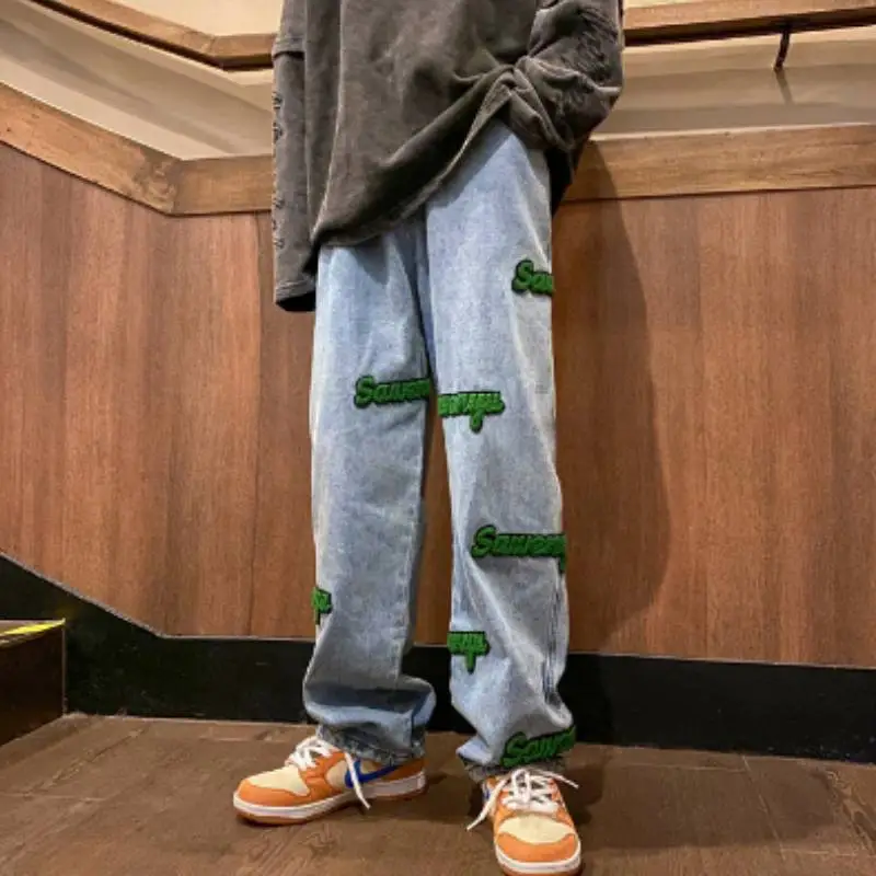 Flocking Embroidered Jeans Spring Trendy Brand High Street Ins Hong Kong Style Pants Spring And Autumn Loose Straight Wide Leg Pants-1