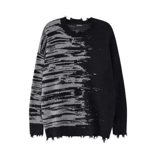 Street Zebra Pattern Color Matching Hole Tassel Loose Crew Neck Knitted Sweater