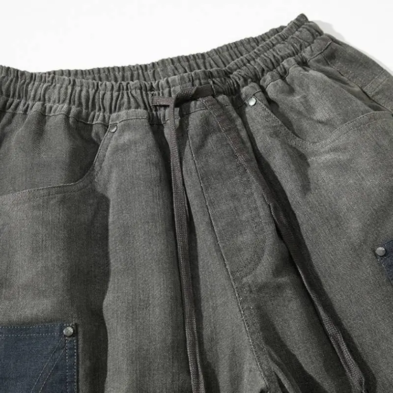 Retro Contrast Stitching Patch Decorative Jogger Pants-5
