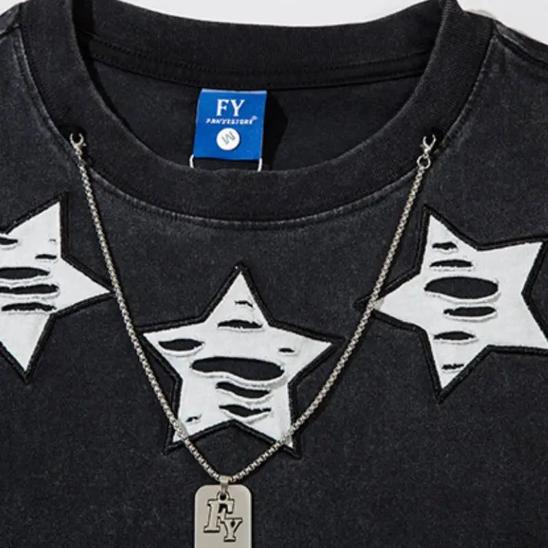 Five Pointed Star Printed Washed Half Sleeved T Shirt-3