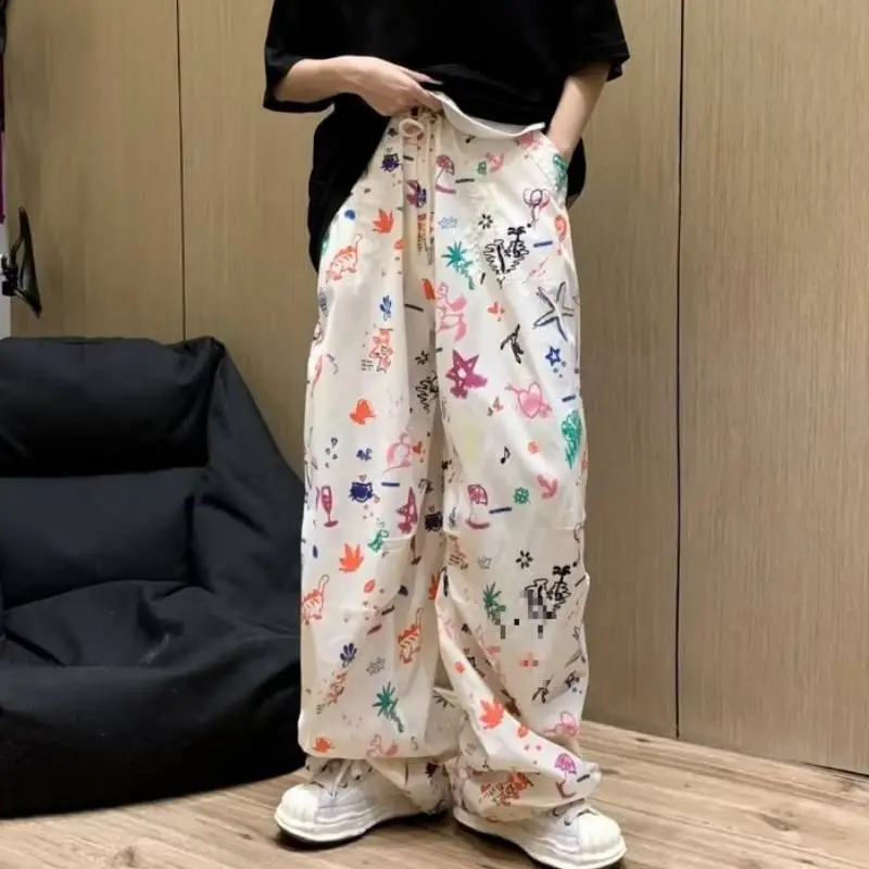 Retro Trendy Graffiti Print Drawstring Pants-1