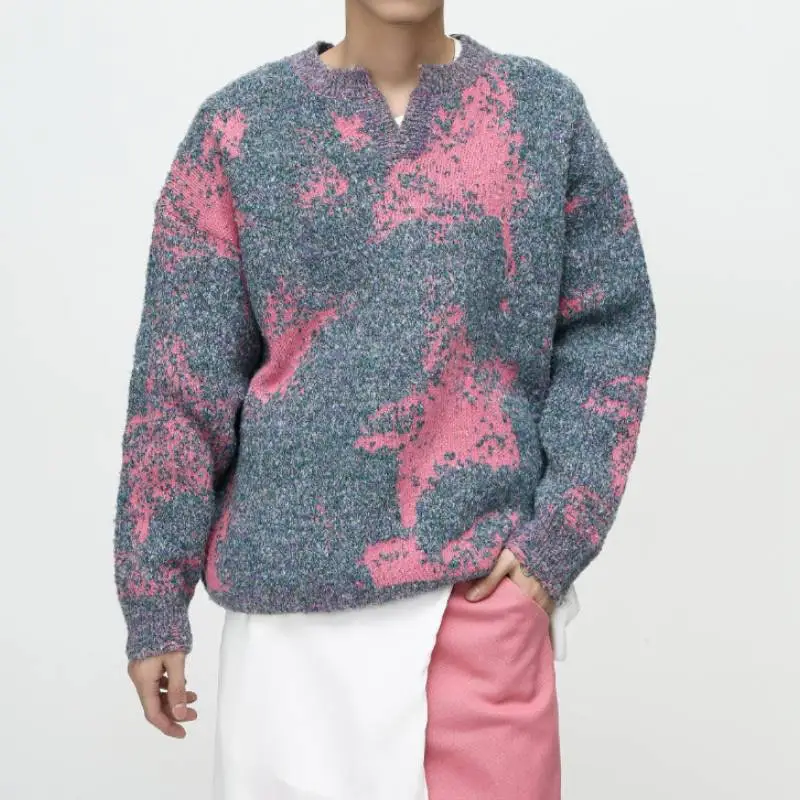 Fuzzy Color Design V Neck Loose Sweater-5