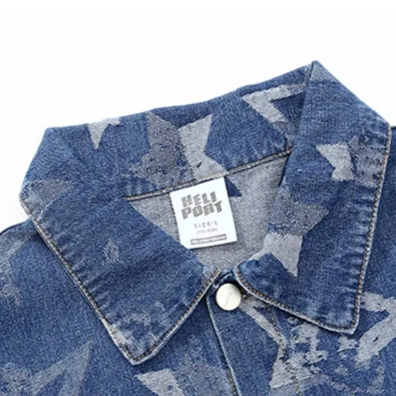 HELIPORT Apron Washed Vintage Star Print Lapel Loose Casual Relaxed High Street Denim Coat-4