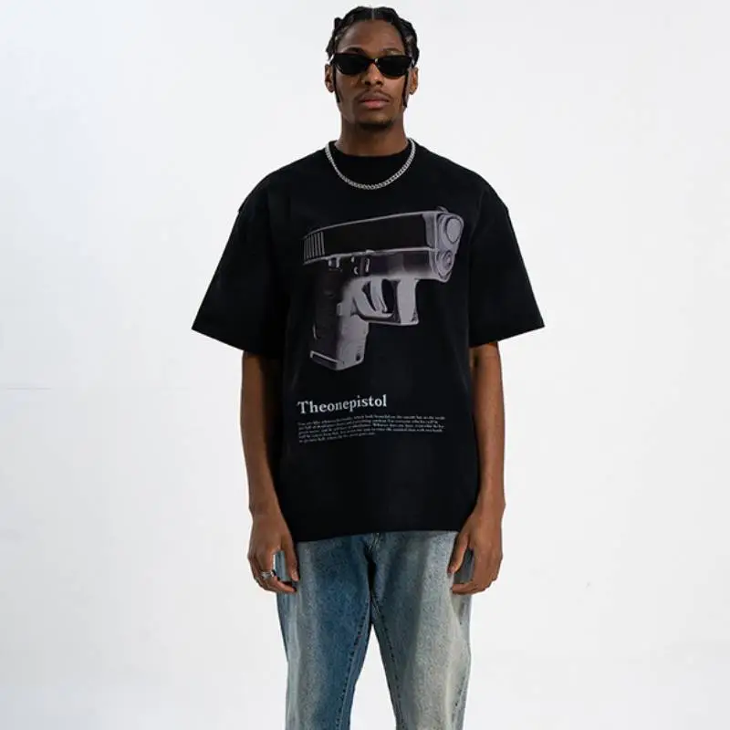 Retro Spray Paint Pistol Printed Shoulder Loosen Fashion T Shirt-5