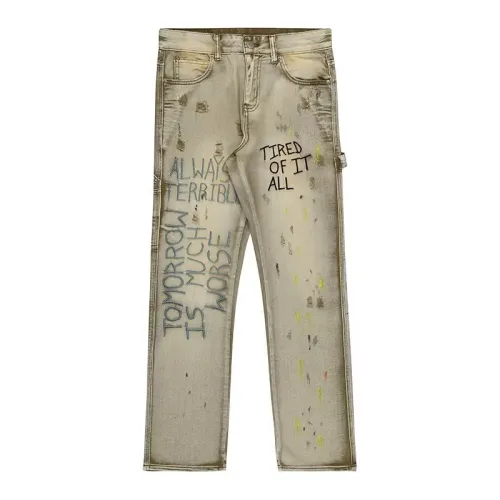 High Street Embroidery Vintage Washed Old Yellow Micro Flared Jeans