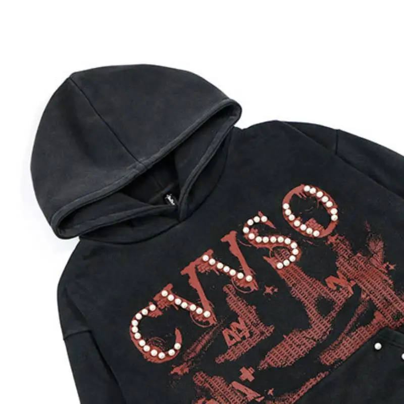 Retro Hip Hop Washed Old Fleece Pearl Decorative Loose Fashionable Sweatshirt-5