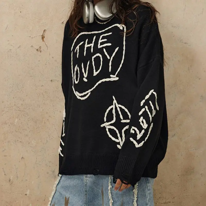 Trendy Embroidered Letters Ripped Crewneck Loose Knitted Sweater-3
