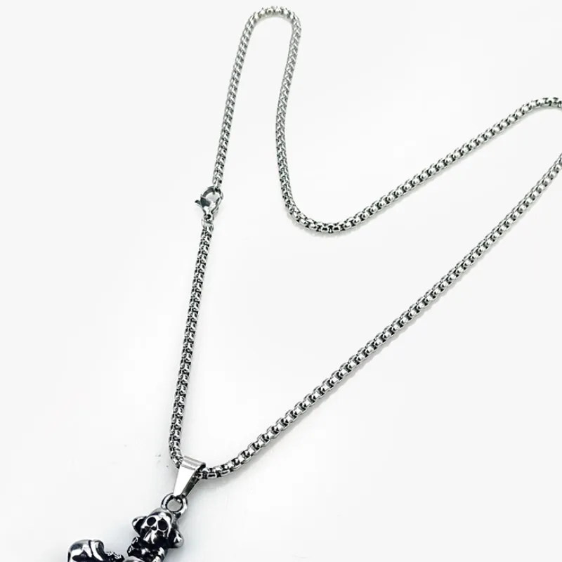Hip hop Fashion Brand Punk Style Skull Cross Head Titanium Steel Necklace-4