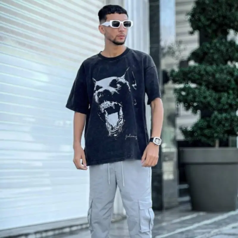 Doberman Print Washed T shirt swag OOTD-2