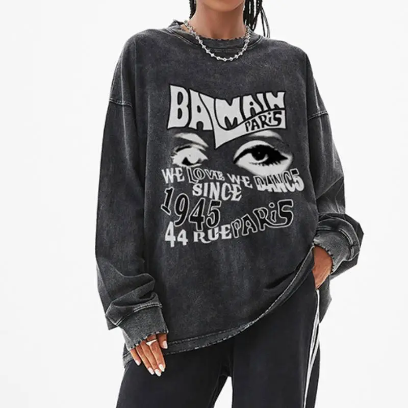 Street Fashion Printed Round Neck Loose Hip Hop Long Sleeve T-shirt-3