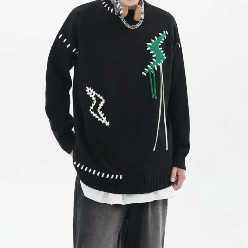 High Street Lightning Embroidered Tassel Knitwear Contrast Color Wear Rope Tide Loose Sweater-3