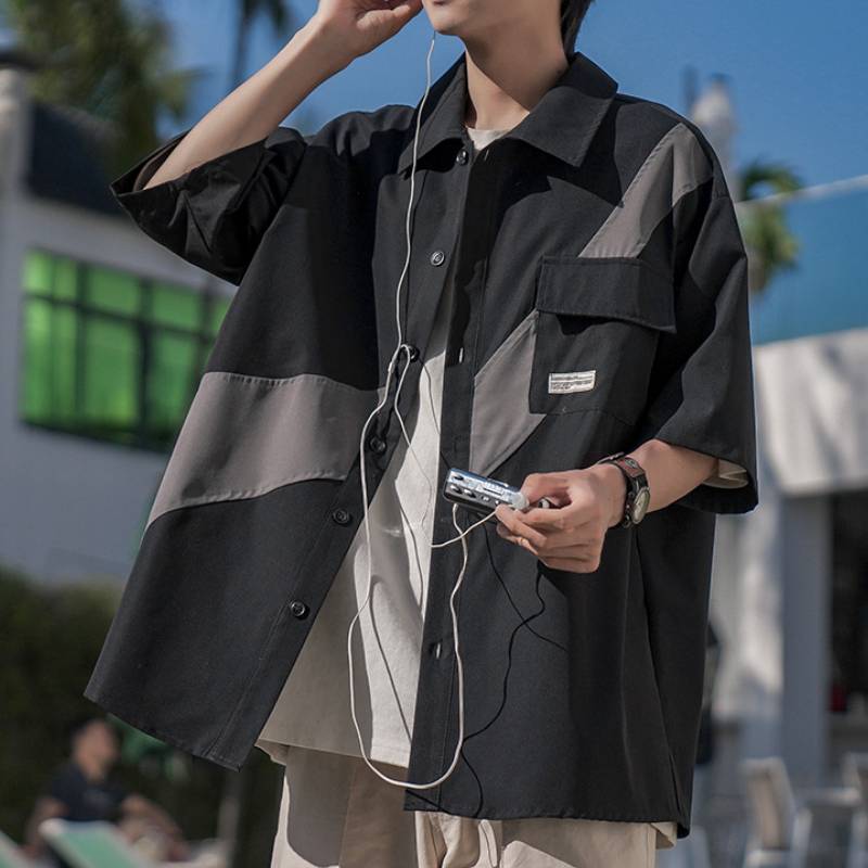 放送大学 割引 Design Sense Splicing Short-Sleeved Shirt Black L - POIZON その他
