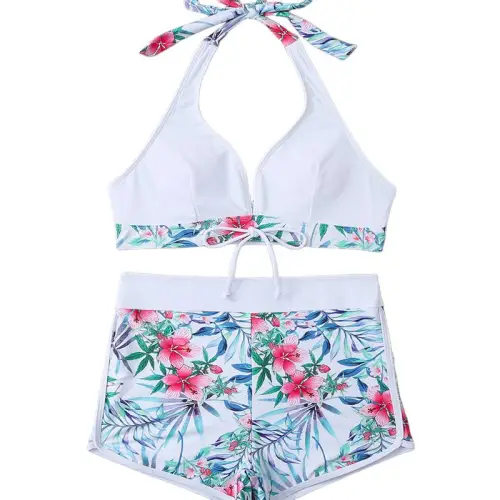Split High Waist Printed Solid Color Stitching Swimsuit