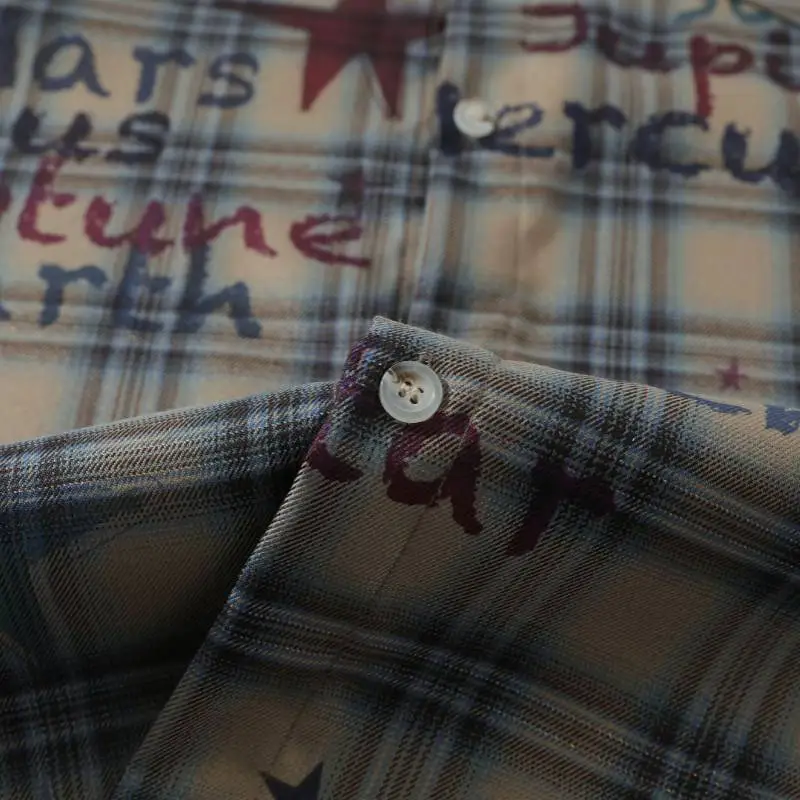 Retro Loose Plaid Hand painted Graffiti Casual Short sleeved Shirt-3