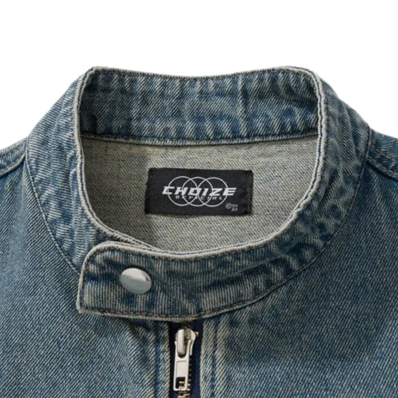 Retro Washed Old Hems Ripped Zipper Vertical Collar Denim Jacket-3