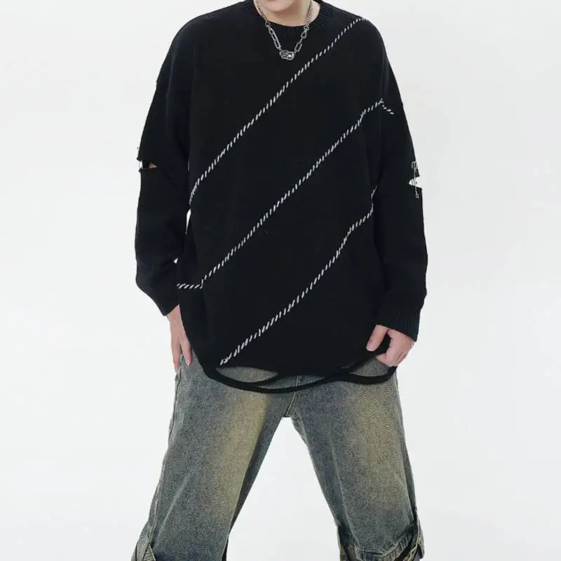 Retro High Street Irregular Hole Pin Open Line Contrast Color Loose Knit Sweater-2