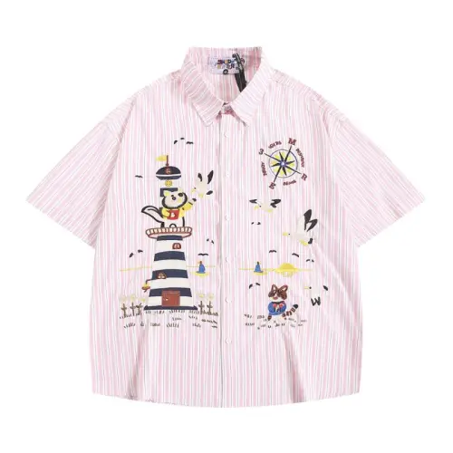 Fun Cartoon Embroidered Vertical Striped Short-sleeved Casual Shirt