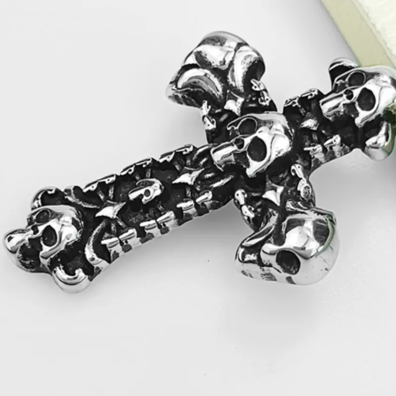 Hip hop Fashion Brand Punk Style Skull Cross Head Titanium Steel Necklace-3