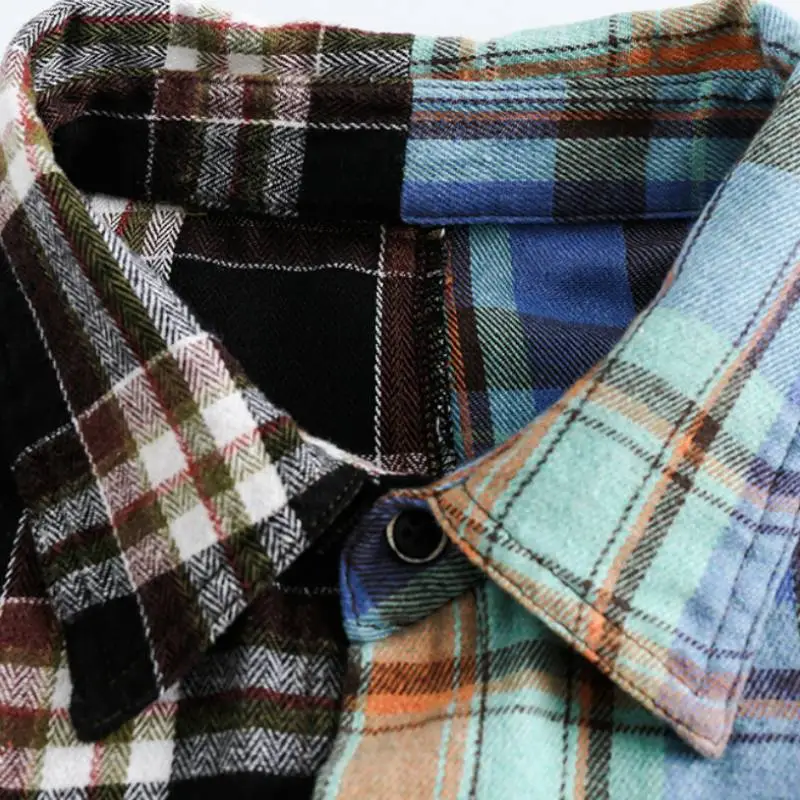 Retro Tide Double Color Plaid Stitching Long Sleeve Shirt-4