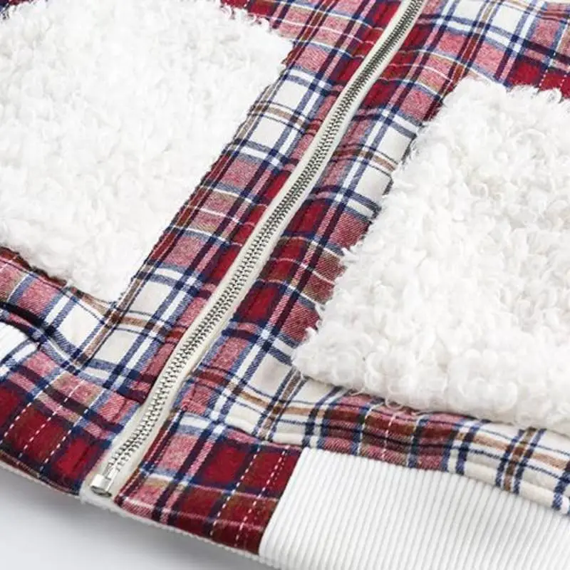 Retro Plaid Stitching and Fleece lined Cotton Coat-3