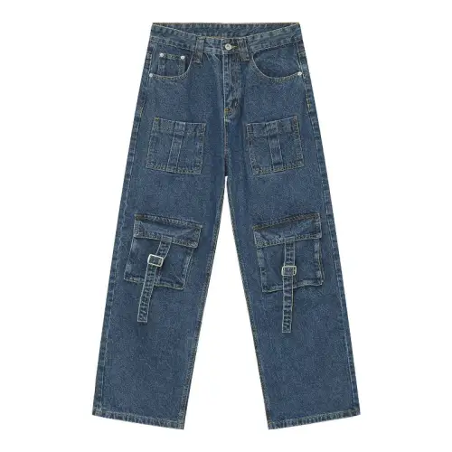 Street Multi-Pocket Stitching Design Wide Leg Cargo Jeans