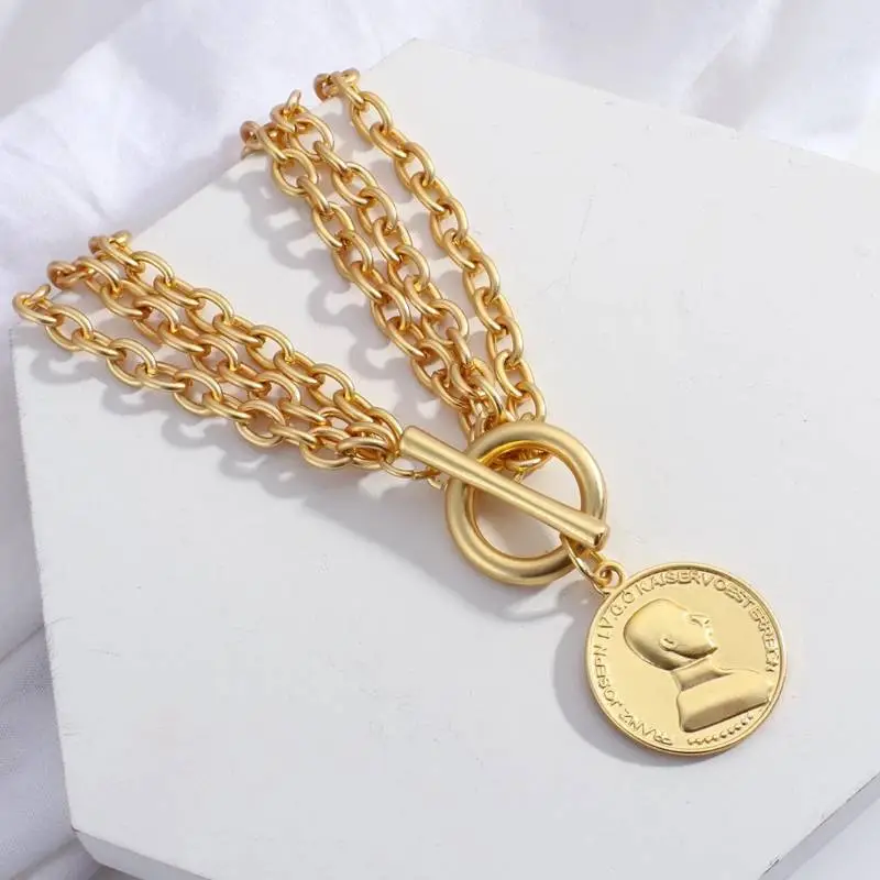 Trendy Gold Coin Portrait Round Necklace-2