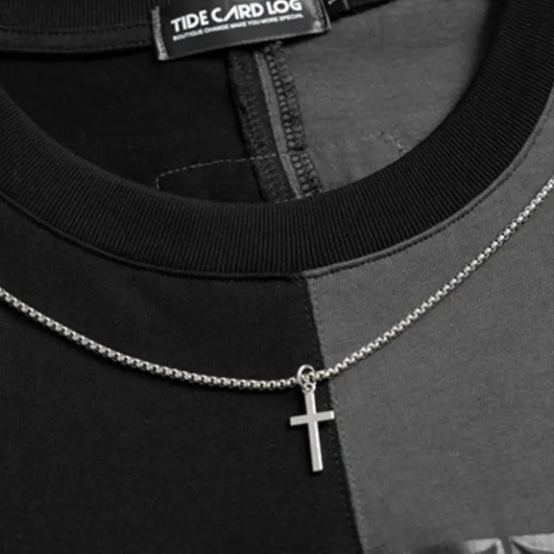 High Street Necklace Color Collision Splicing Design Short Sleeved T Shirt-3
