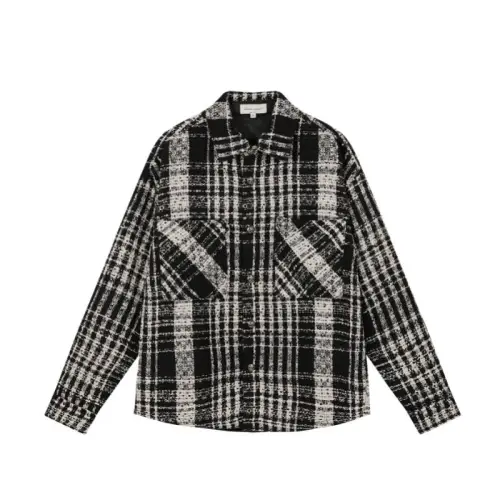 CLIMAX VISION Metallic Buckle Tweed Plaid Woven Loose Casual Black And White Plaid Jacket