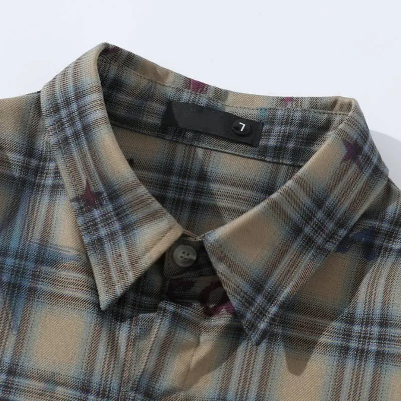 Retro Loose Plaid Hand painted Graffiti Casual Short sleeved Shirt-2