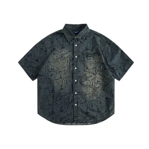 Loose Half-Sleeved Retro Full Print Denim Shirt