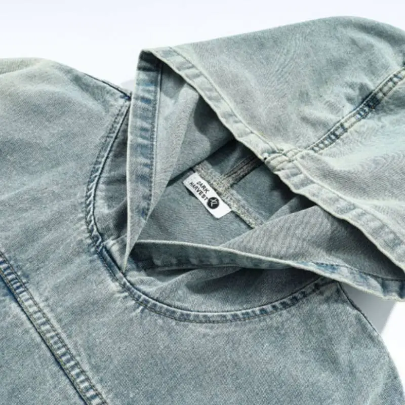 Retro High Street Washed Distressed Denim Hooded Pullover Distinctive Sweatshirt-6