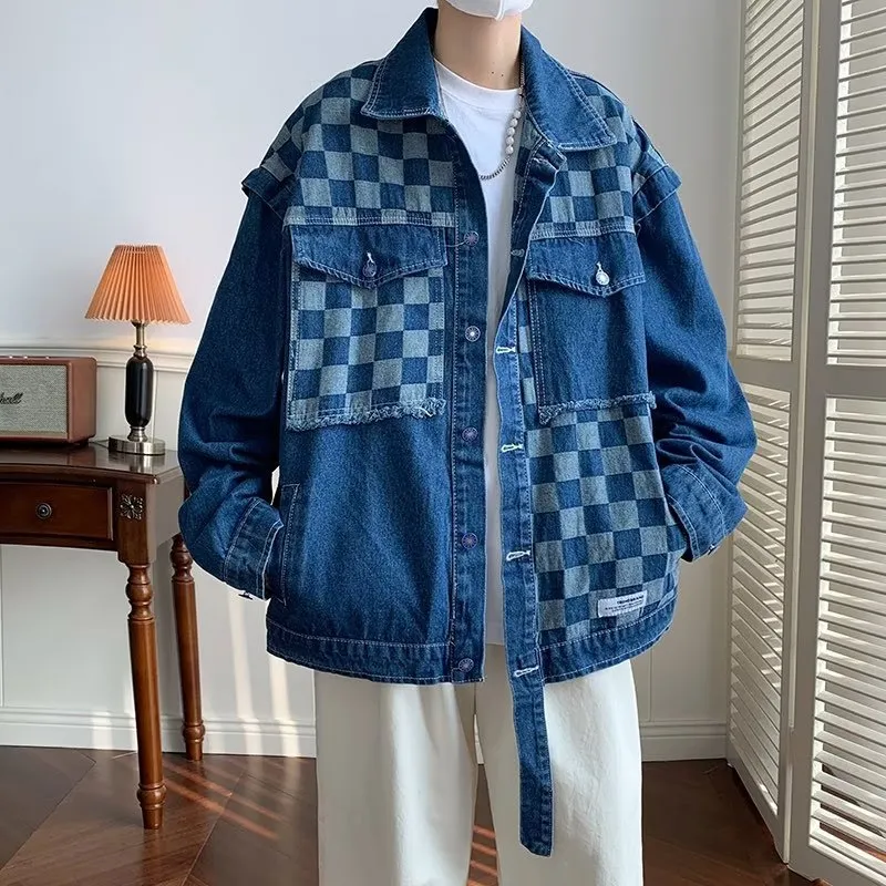 Washed Denim Niche Chessboard Patched Jacket-1