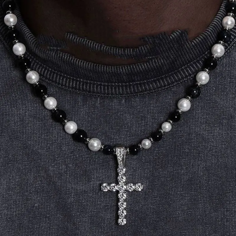 Retro Hip Hop Stone Cross Necklace-2