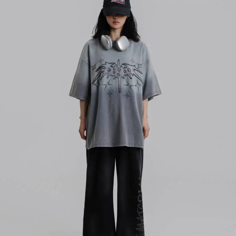 Trendy Wash Embroidery Casual Short Sleeve T shirt-2