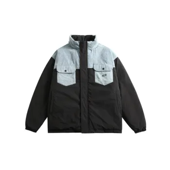 Washed Dressed Denim Stitching Trendy Loose Stand Collar Cotton padded Jacket