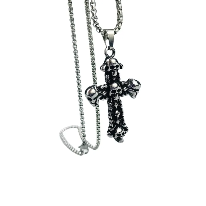 Hip hop Fashion Brand Punk Style Skull Cross Head Titanium Steel Necklace-2