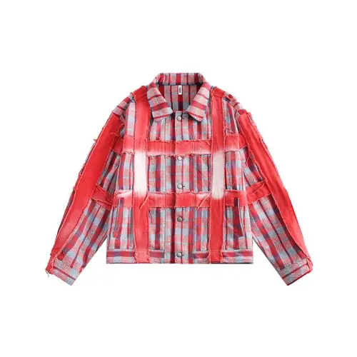 Red and Blue Contrast Plaid Printed Jacket