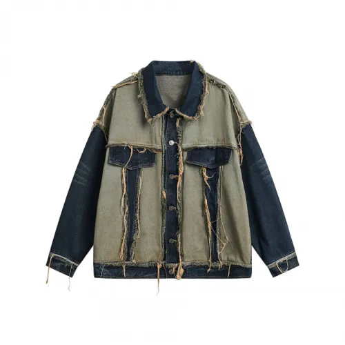 Retro Destroyed Raw Edge Patchwork Denim Jacket