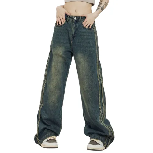 Vintage Washed Side Stripe Denim Loose Trousers