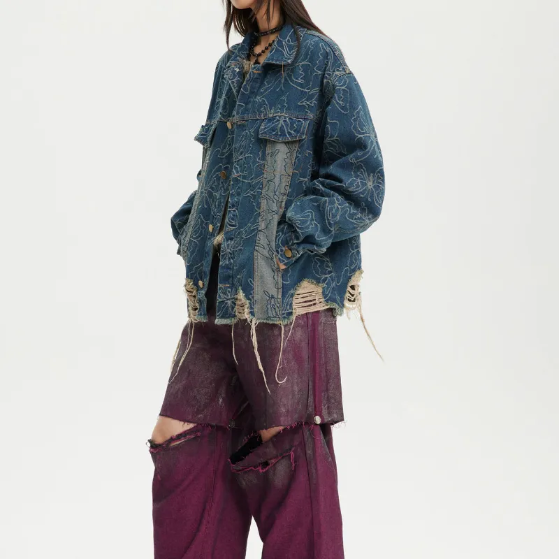 Ripped Loose Denim Jacket-3