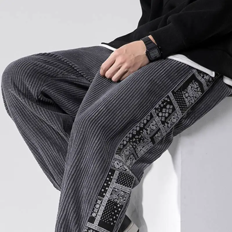 New Style National Fashion Corduroy Casual Cashew Flower Stitching Sports Pants swag OOTD-7
