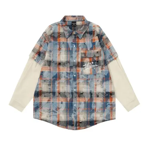 Detachable Sleeve Plaid Casual Loose Street Lapel Printed Cardigan Shirt