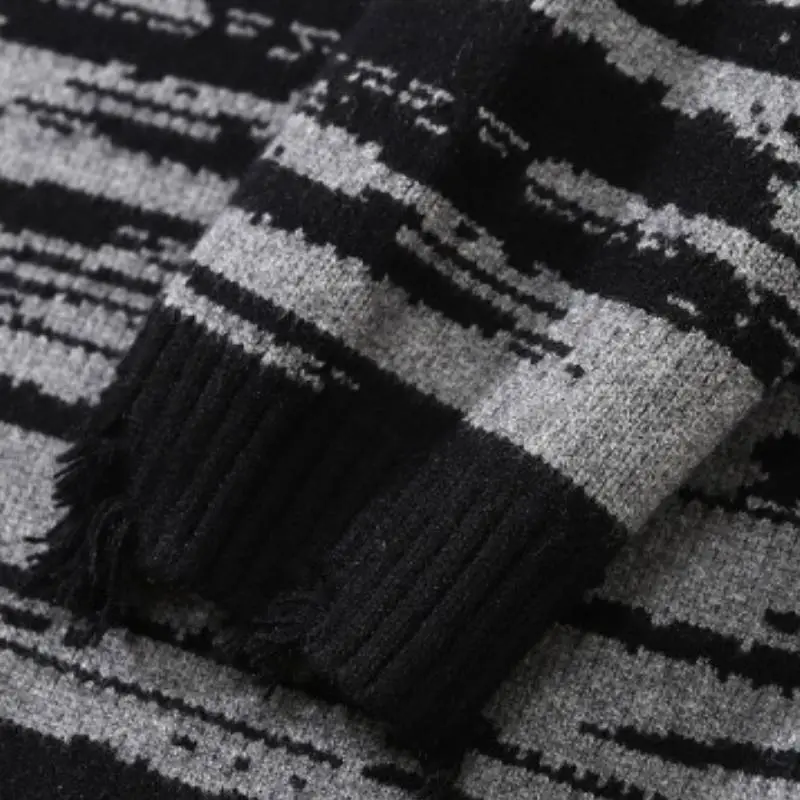 Street Zebra Pattern Color Matching Hole Tassel Loose Crew Neck Knitted Sweater-4